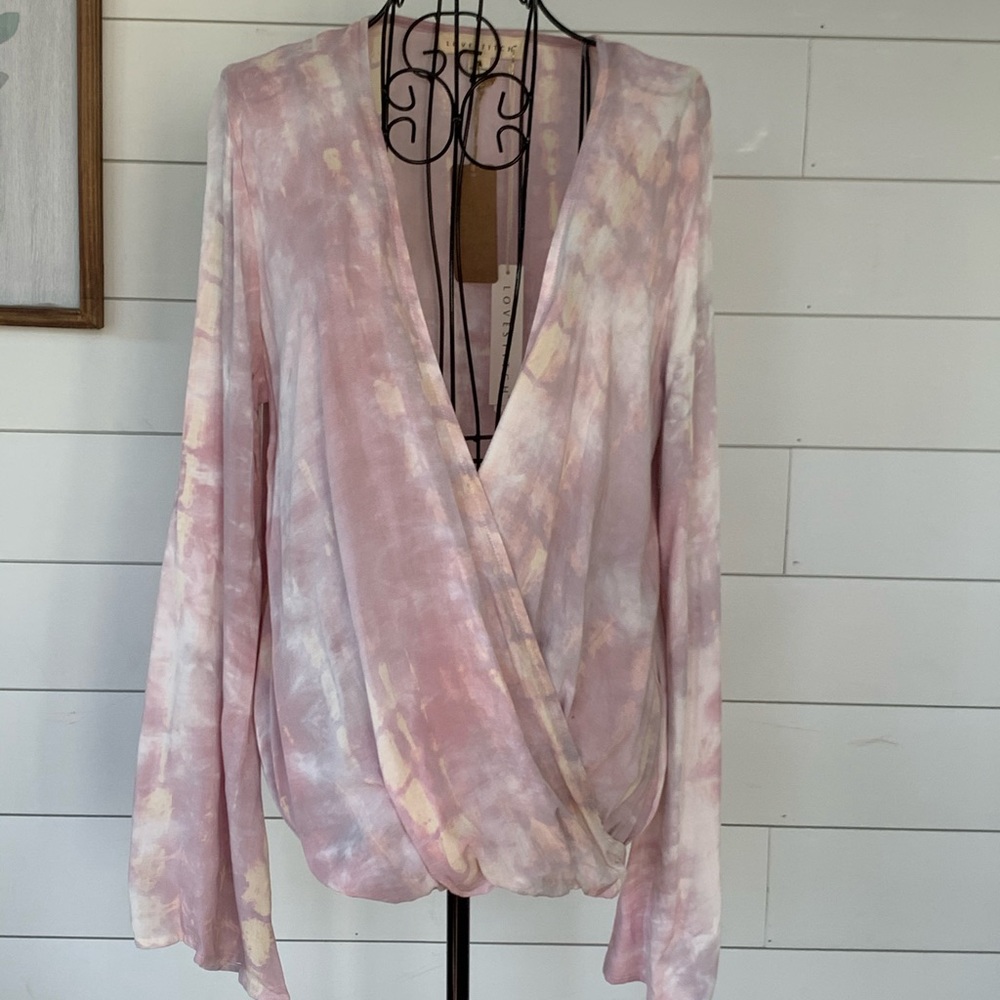 Lovestitch bell sleeve tie dye faux wrap top.